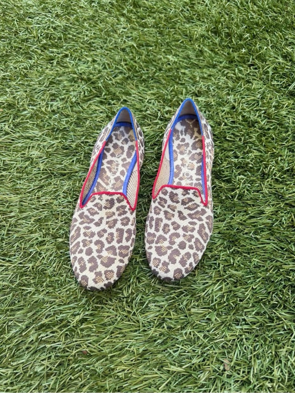 Rothy's Leopard Print Flats with Red & Blue Trim